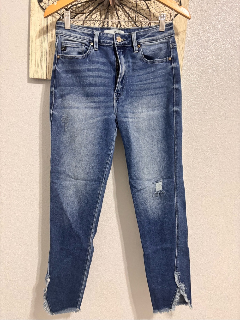 KanCan Women's Washed Blue Slim Straight Jeans with Distressed Ankles
